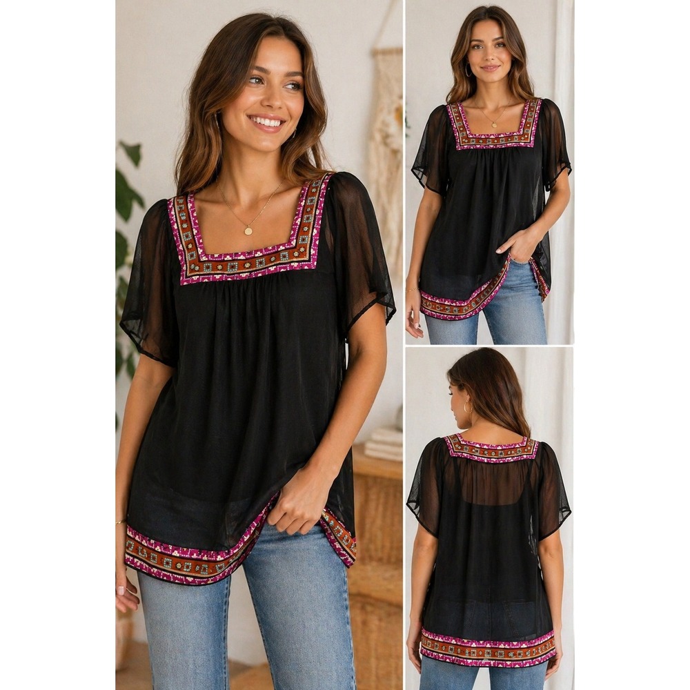 Nicole by Nicole Miller Mesh Blouse Womens M Black Boho Geometric Trim